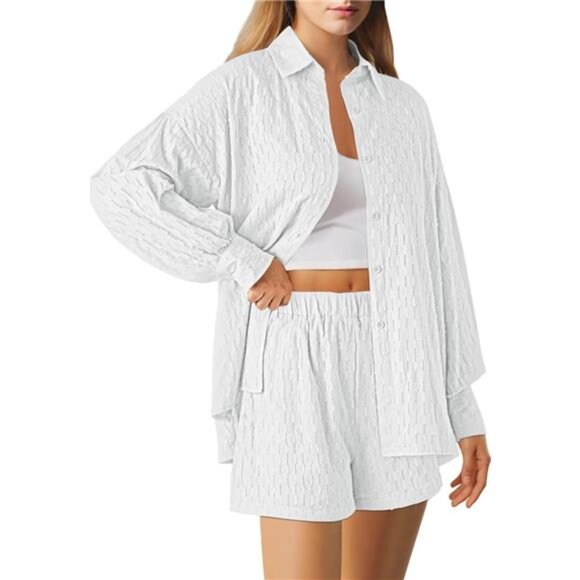 Women's 2 Piece Outfits Oversized Long Puff Sleeve Blouse Shirt High Waisted - Picture 2 of 7